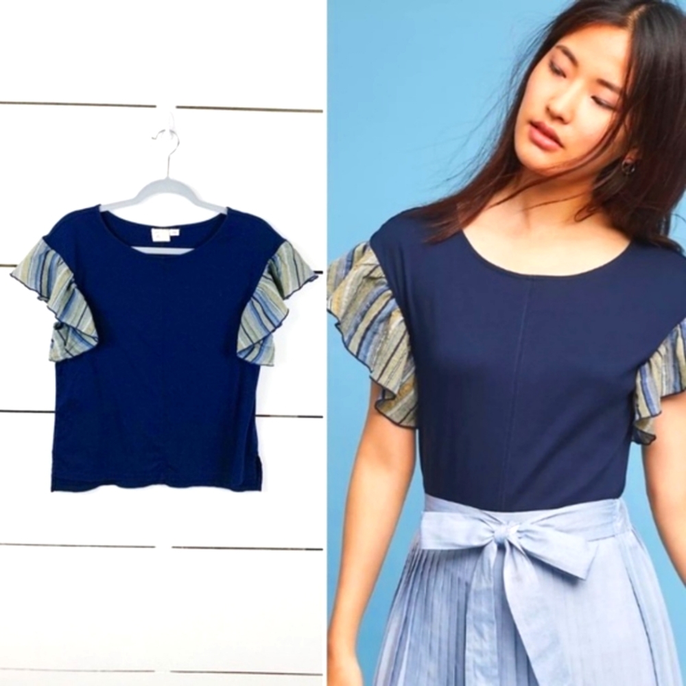 Anthropologie Seafarer Flutter Sleeve Top Navy Blue Medium